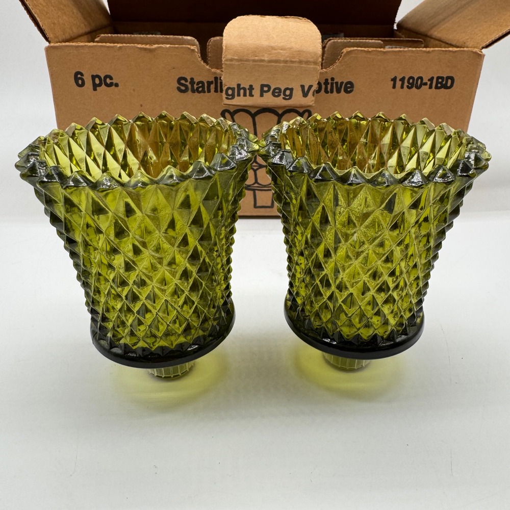 Vintage Homco Green Starlight Peg Votive Cups Diamond Point Candle Holder Pair